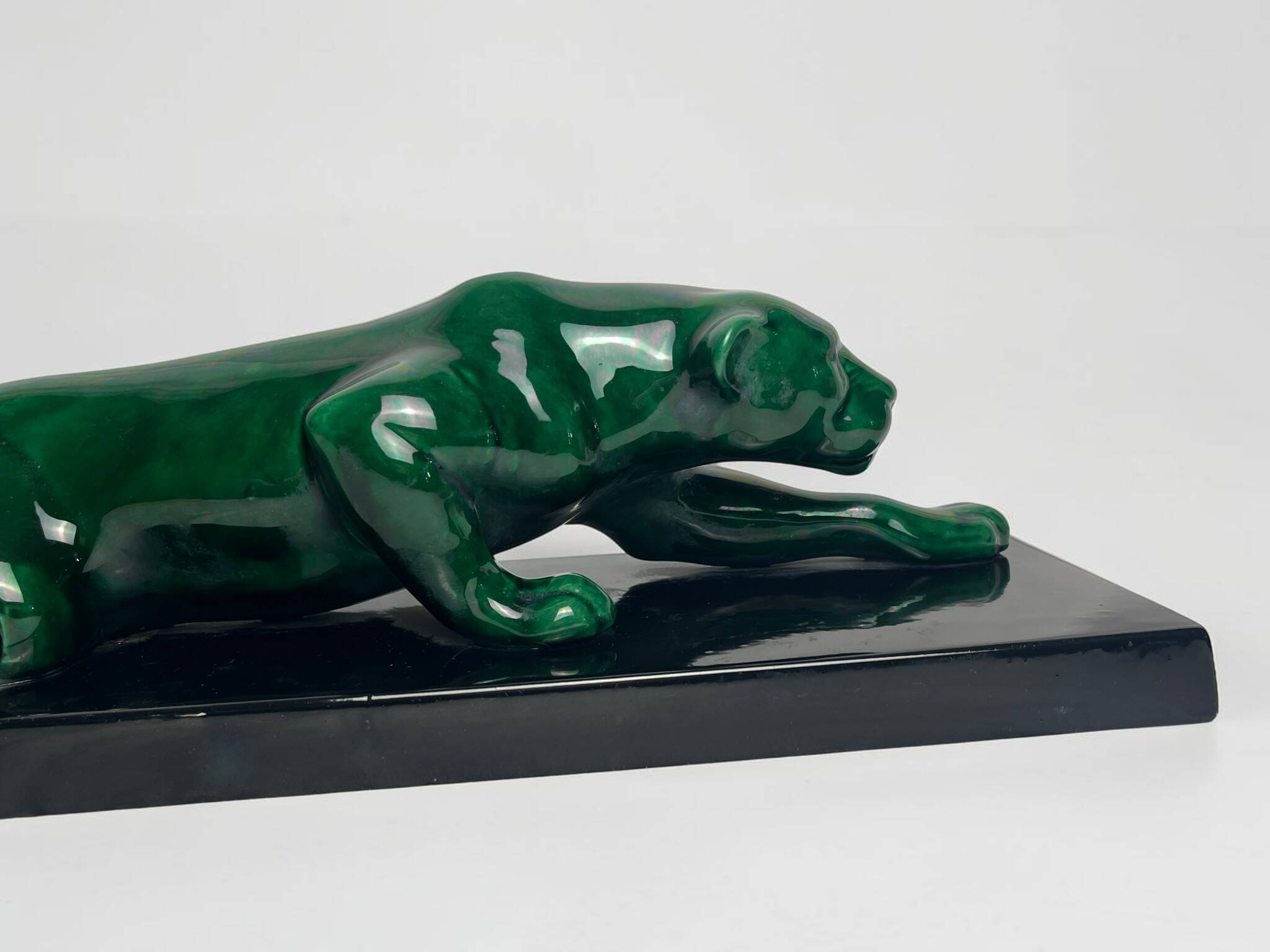 Art Deco, green ceramic panther sculpture circa 1930.