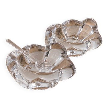 Pair of crystal salt cellars from Daum France with box and spoon.