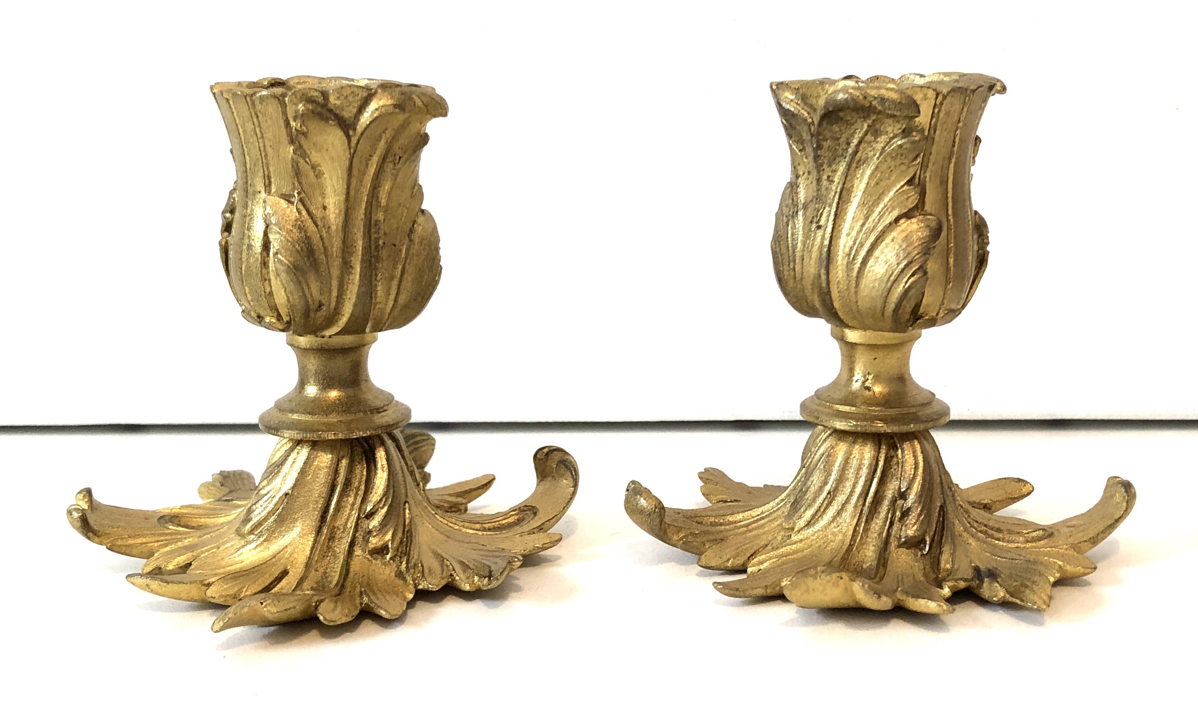 Pair candlesticks old golden brass