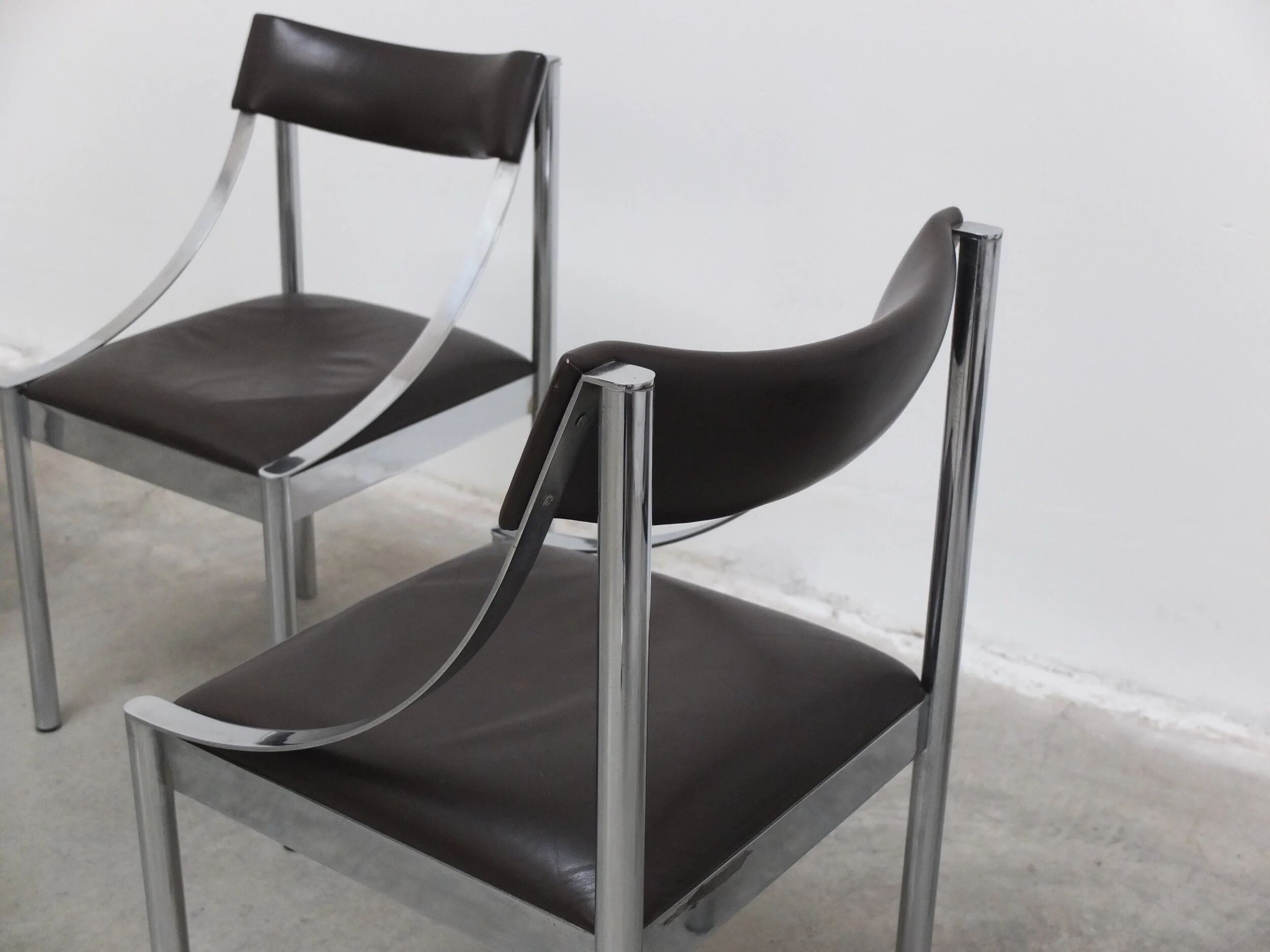 Set of 4 Italian chrome & leather dining chairs, 1970s