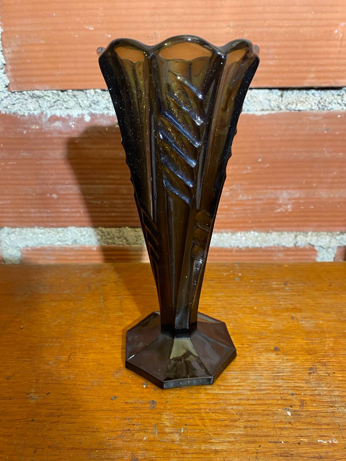 Antique Art Deco Smoked Grey Molded Glass Vase Vintage Decoration