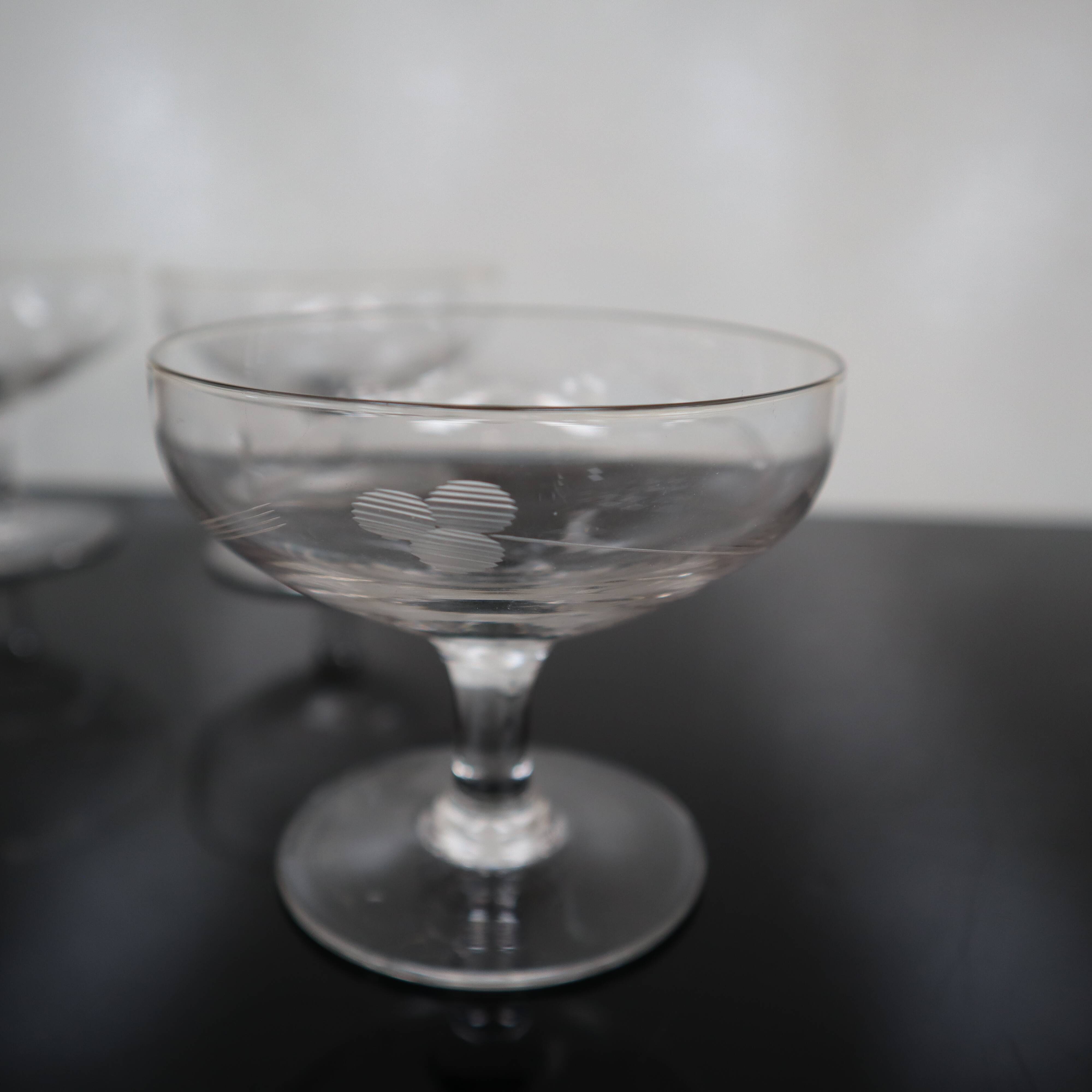 3 Art Deco champagne glasses in engraved glass