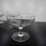 3 Art Deco champagne glasses in engraved glass