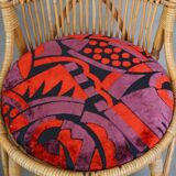 Set of 4 subtle and charming vintage 60s rattan boho chairs with colorful upholstered seats