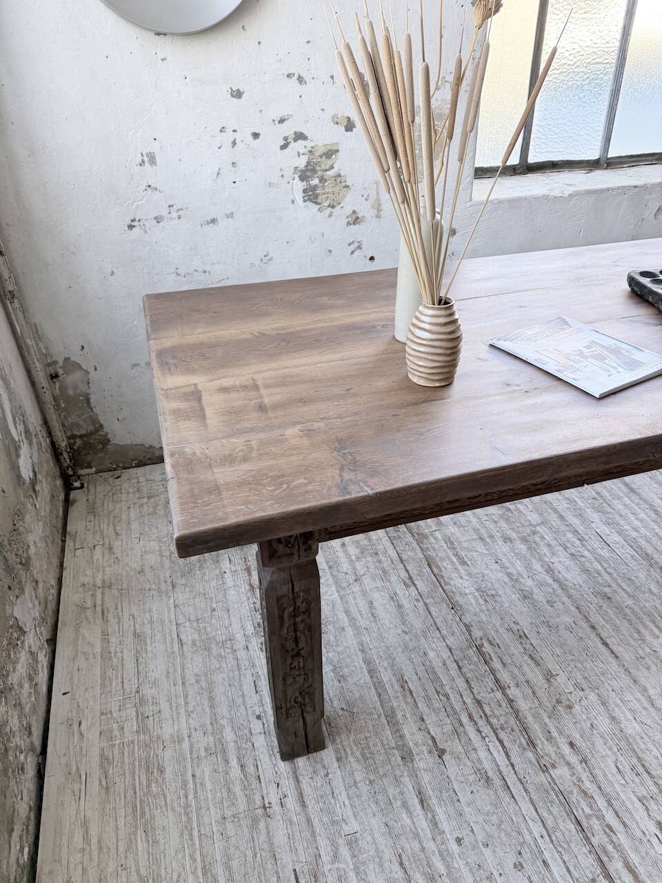 XL farmhouse table in solid oak, brutalist style, 20th century.