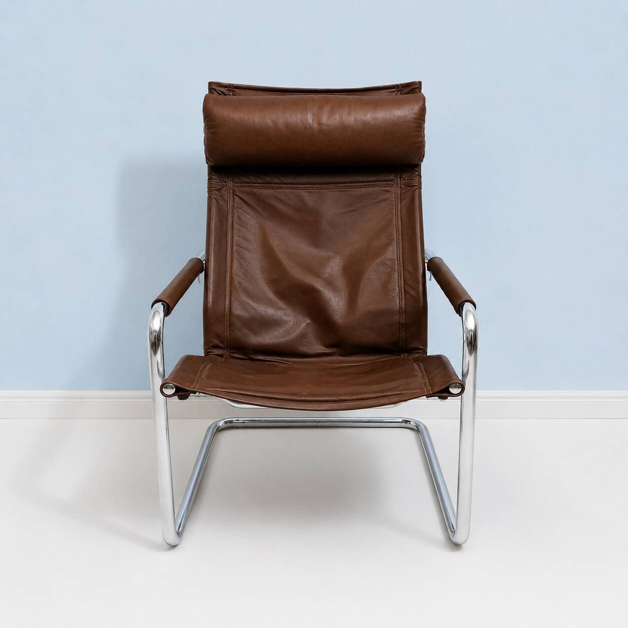 Fauteuil lounge en cuir havane et chrome – Heinrich Pfalzberger, années 197