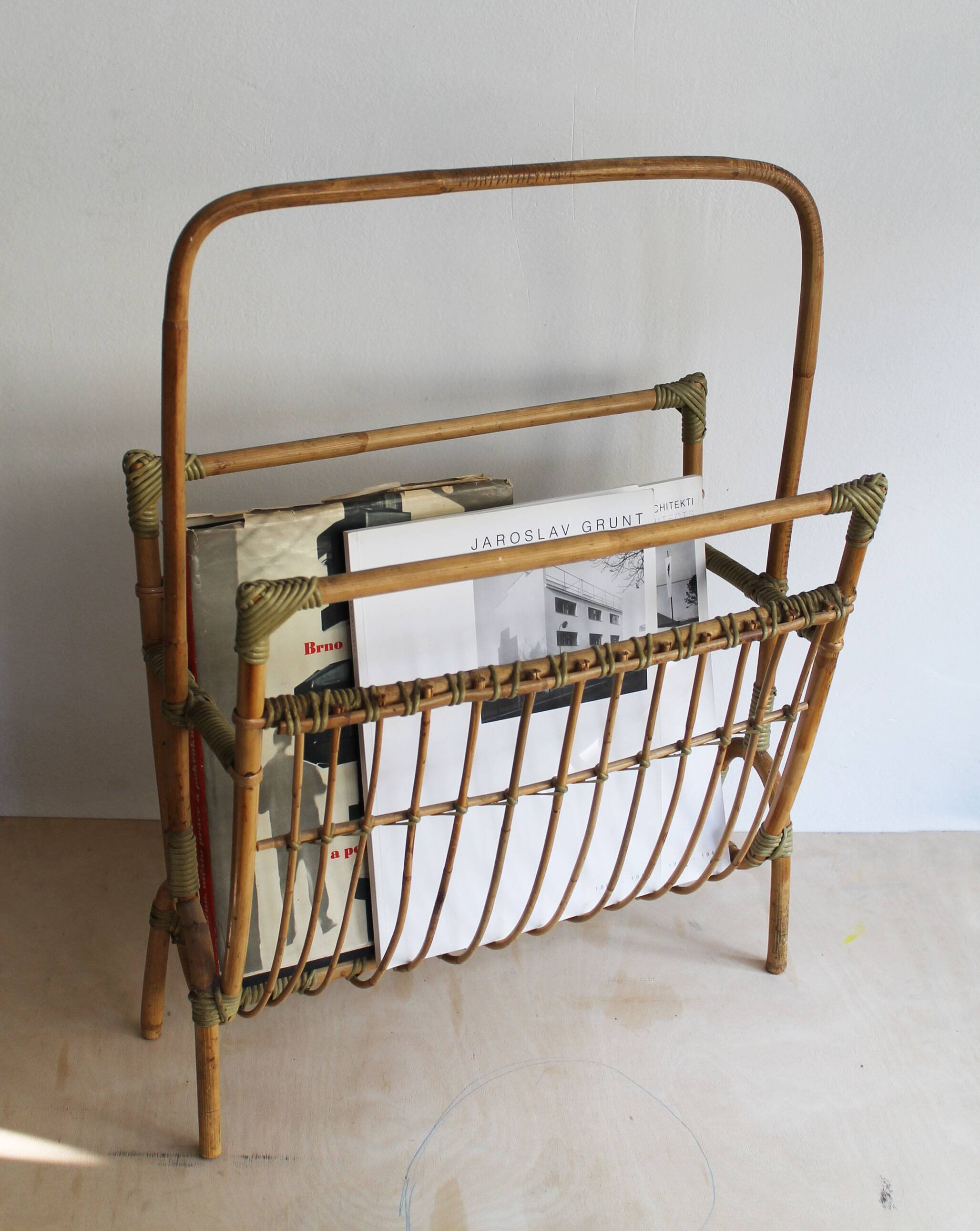 1960s Czechoslovak Rattan Magazine Rack with Tall Handle