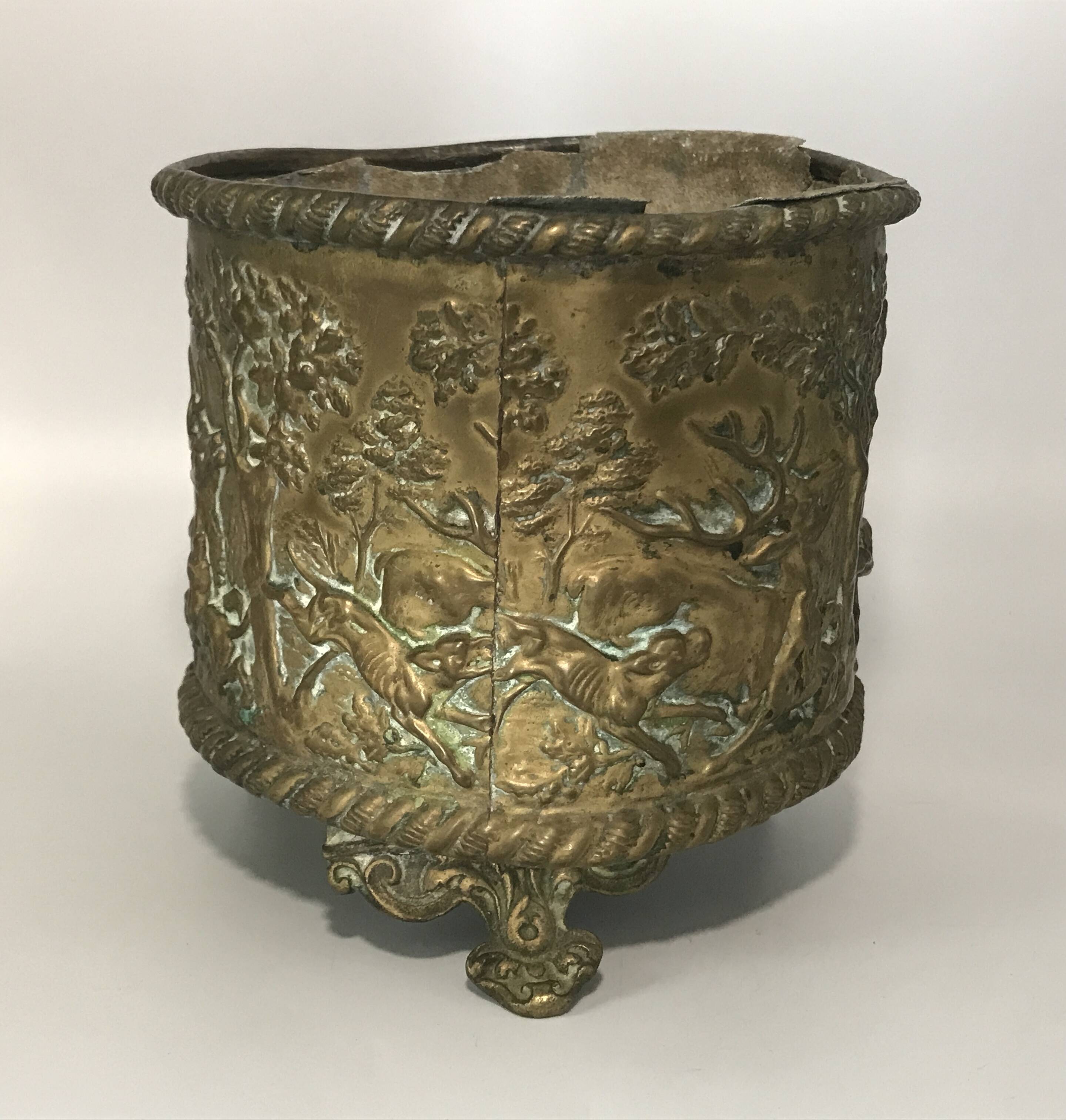 Antique Napoleon III Brass Planter with Embossed Hunting Scene Decor