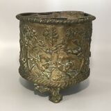 Antique Napoleon III Brass Planter with Embossed Hunting Scene Decor