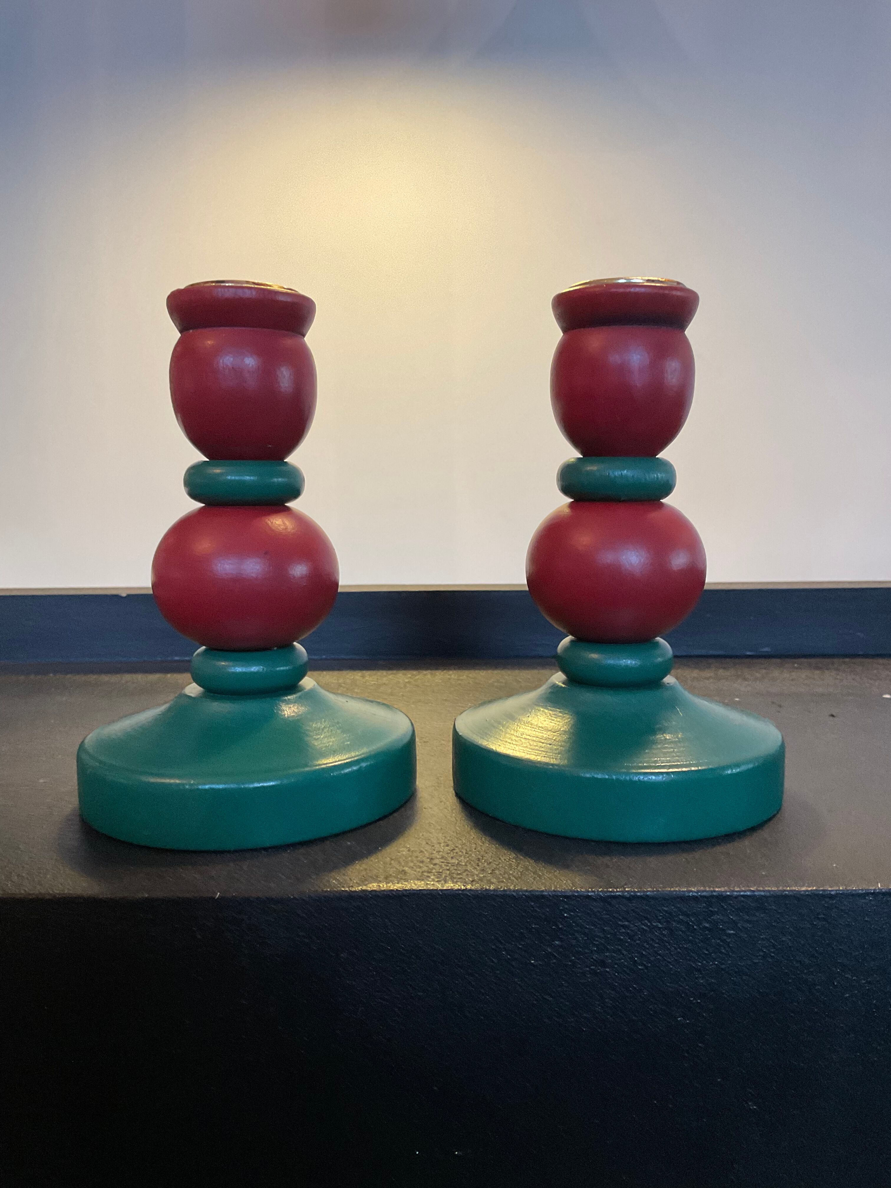 Duo of vintage Swedish wooden candle holders