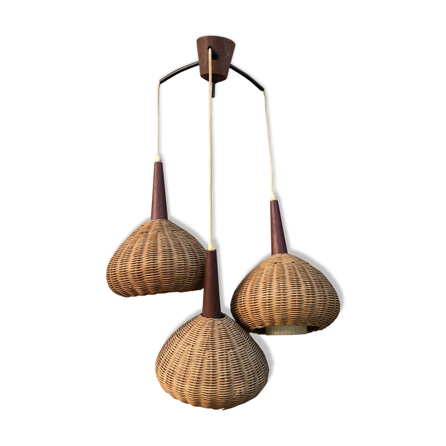 Suspension 3 arms rattan and teak vintage 60s