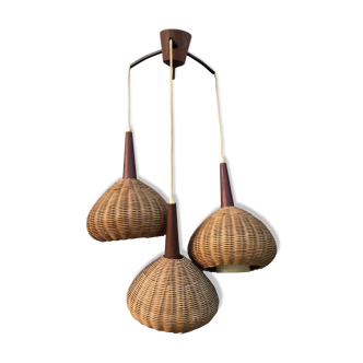 Suspension 3 arms rattan and teak vintage 60s
