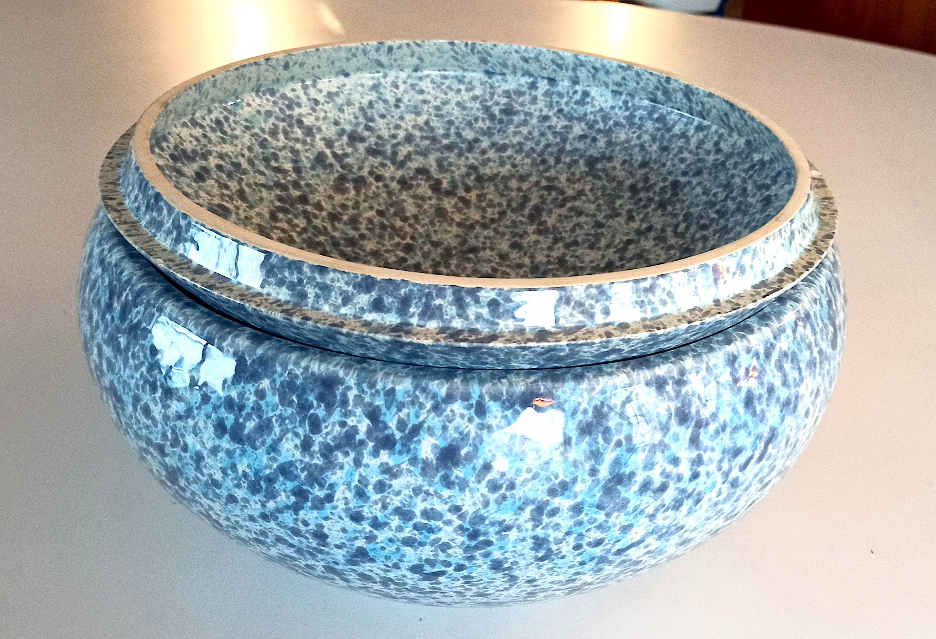 Large blue glazed ceramic biscuit jar Diameter 32.5 cm