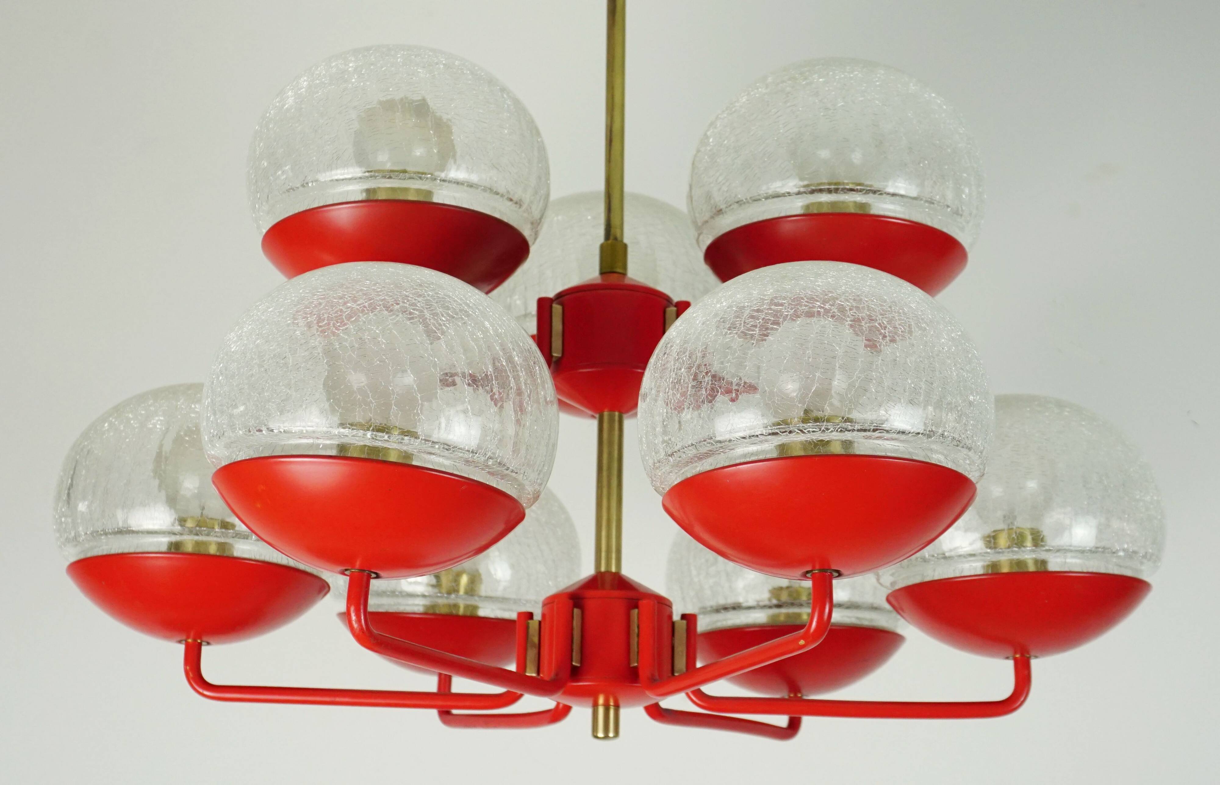 1960s chandelier, red metal and brass, 9 crackle glass shades