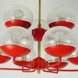 1960s chandelier, red metal and brass, 9 crackle glass shades