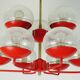 1960s chandelier, red metal and brass, 9 crackle glass shades