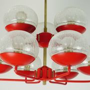 1960s chandelier, red metal and brass, 9 crackle glass shades