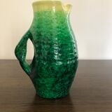 Accolay ceramic pitcher green and yellow speckled with twisted handles, 60s