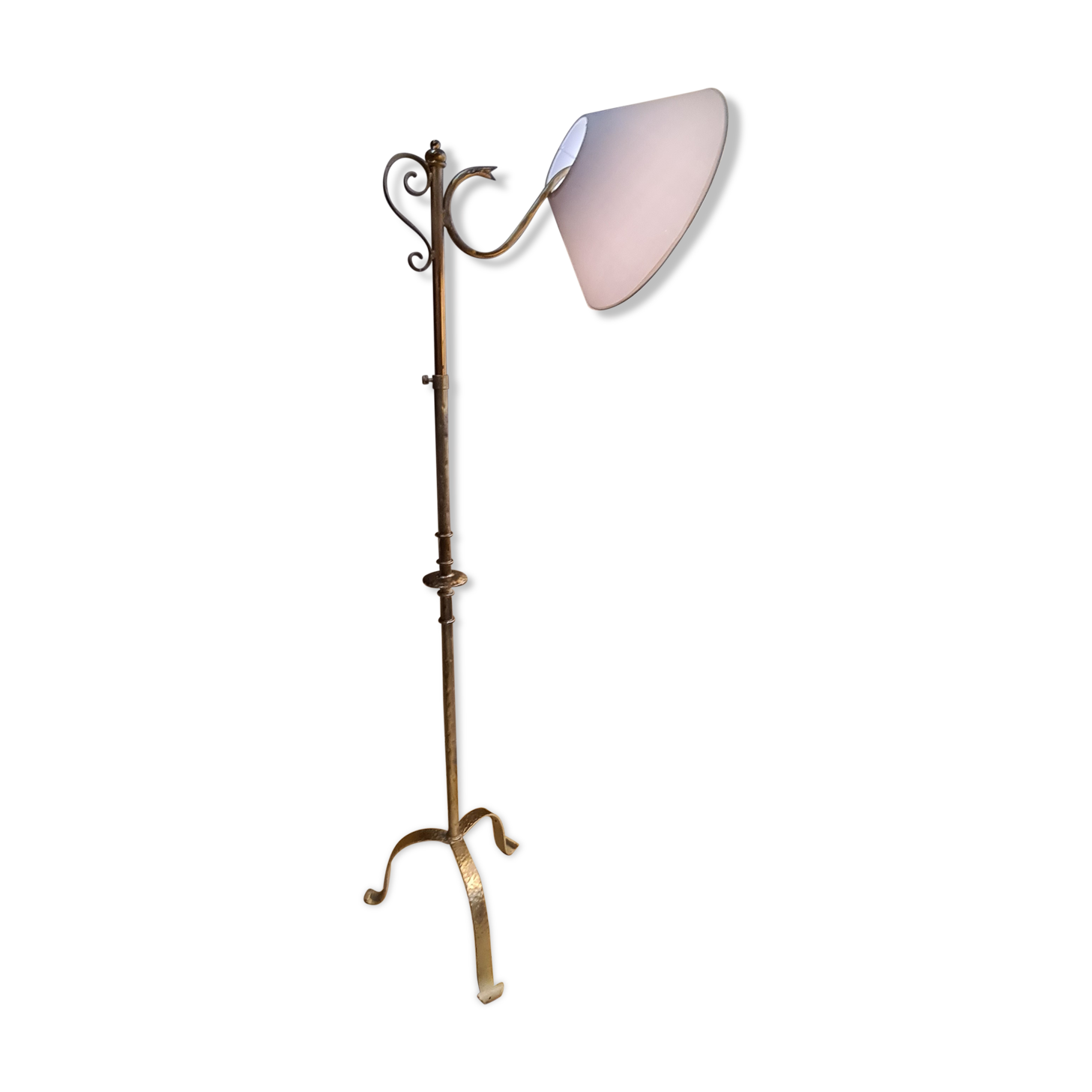Floor lamp hammered iron 1960 painted patinated gold, adjustable 180cm to 150cm