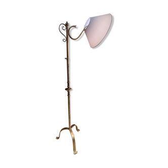 Floor lamp hammered iron 1960 painted patinated gold, adjustable 180cm to 150cm
