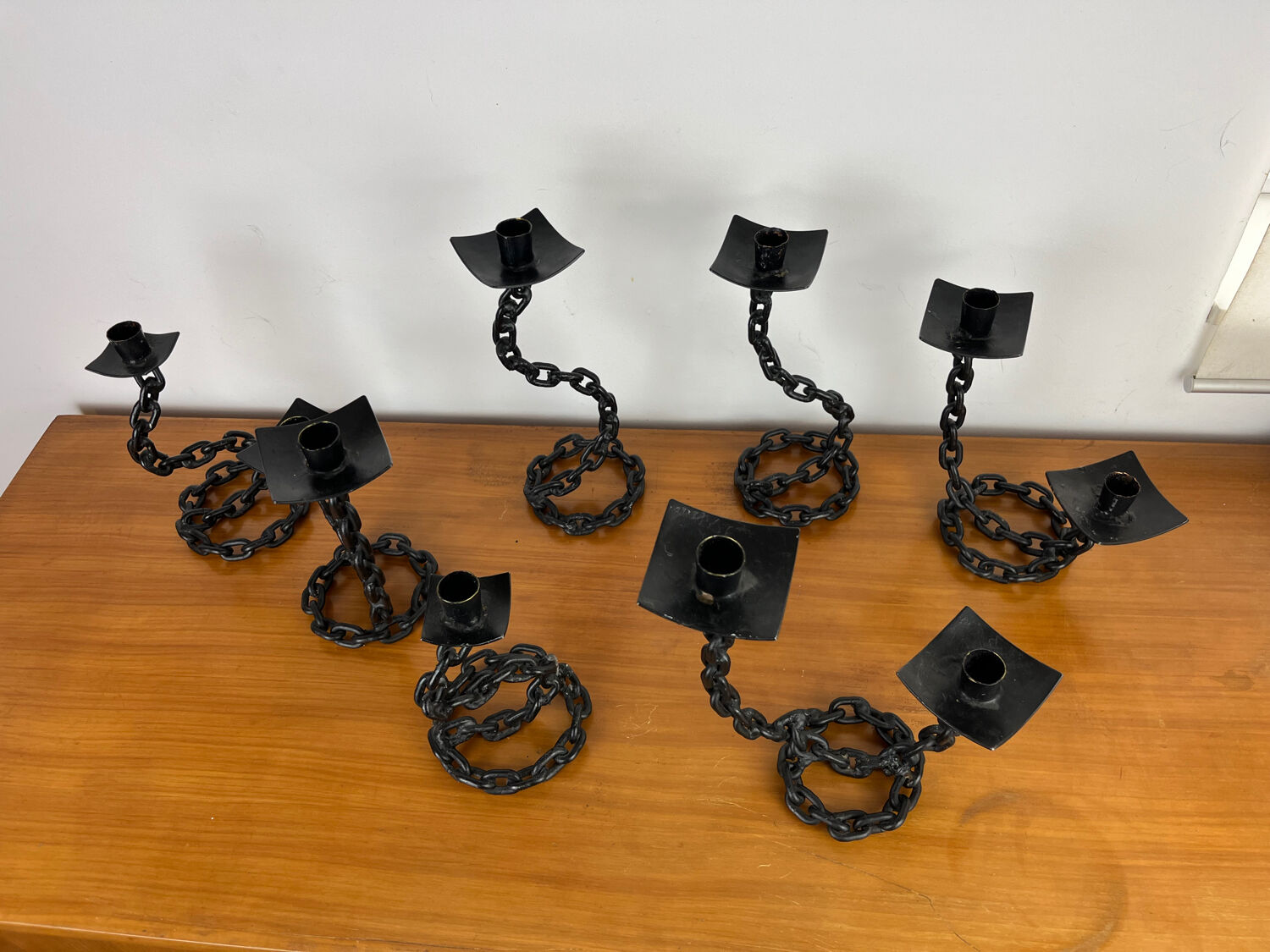 7 wrought iron candle holders in brutalist chain style