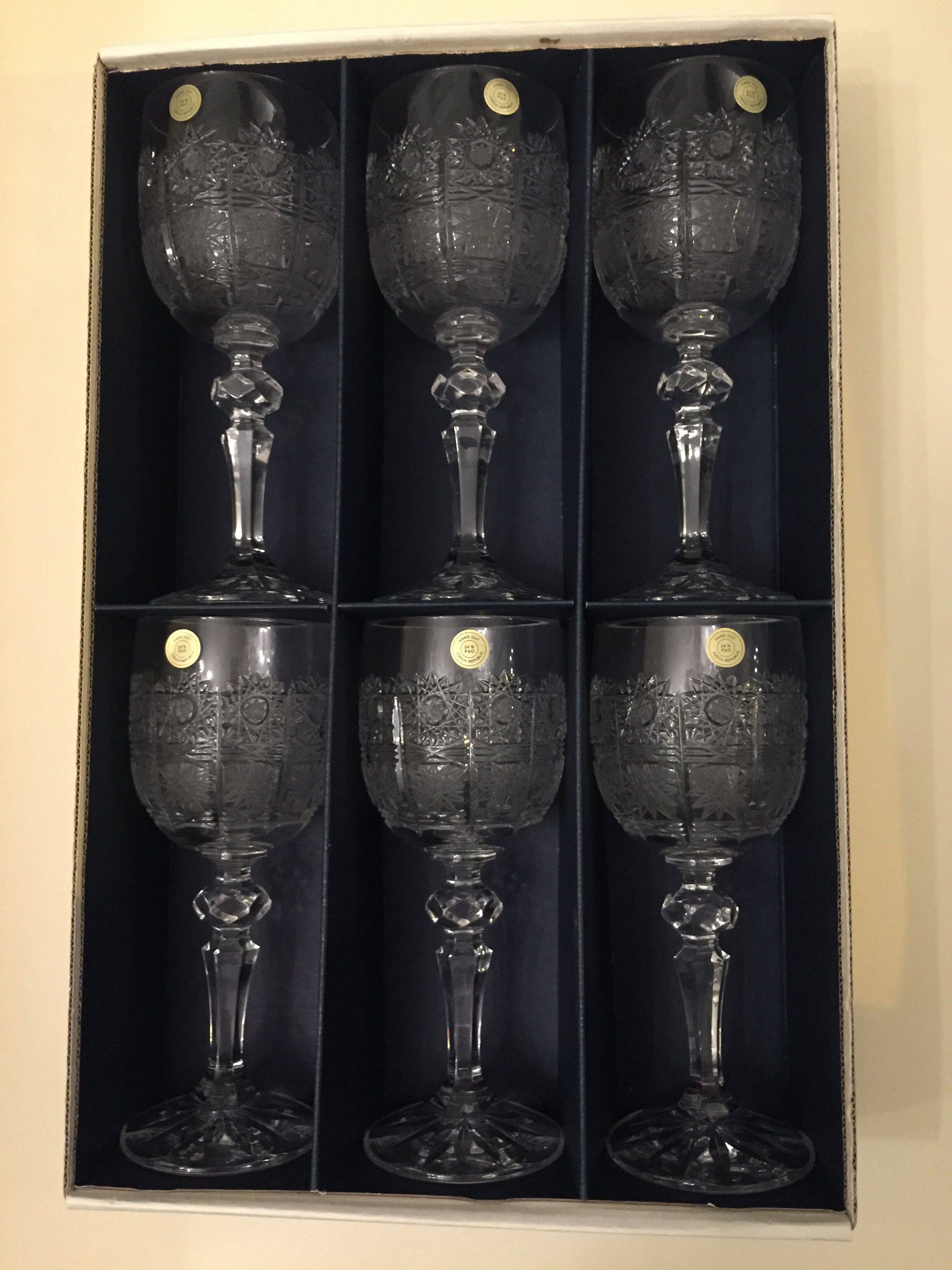 Set of six bohemian crystal wine glasses