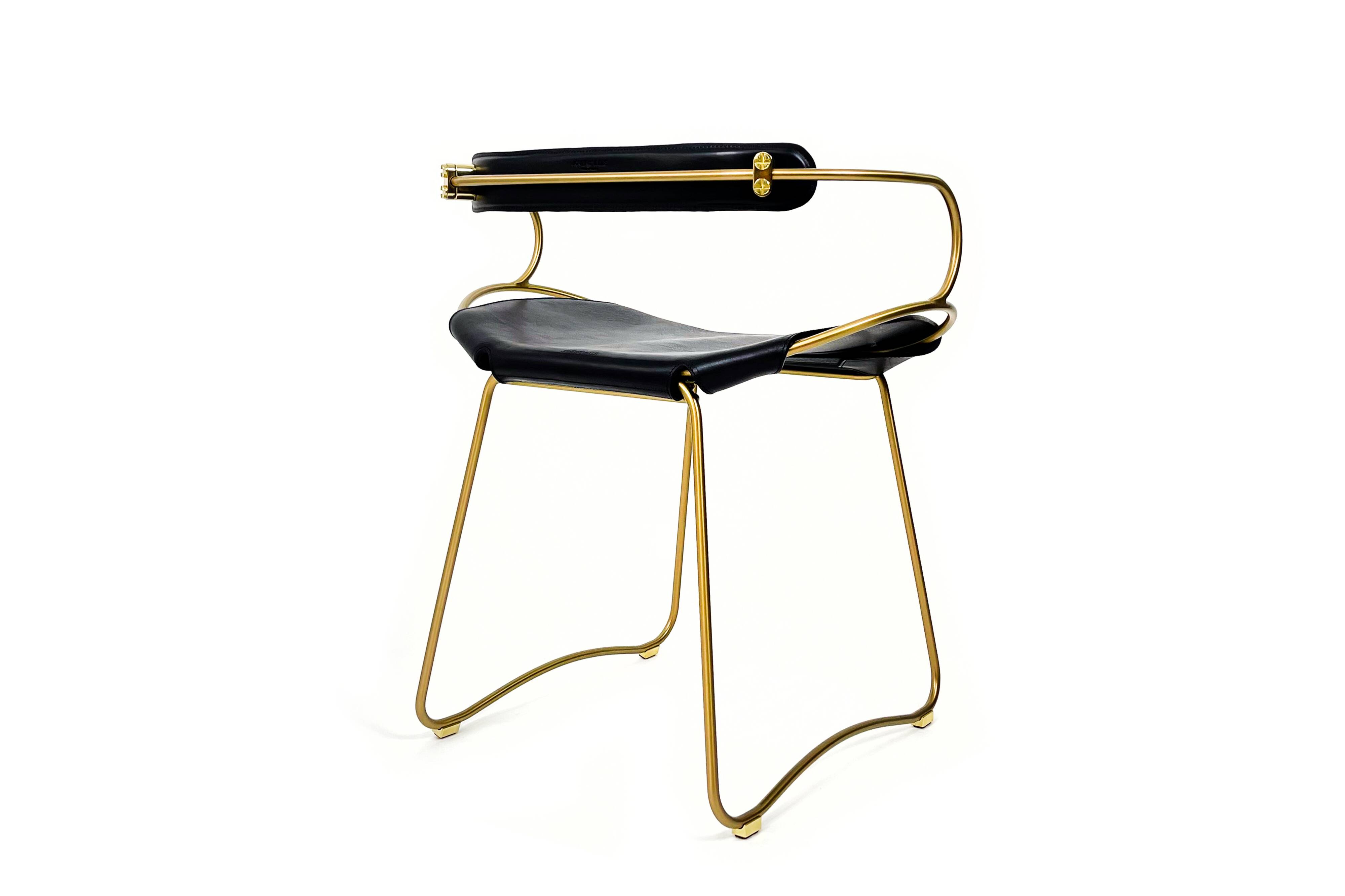 Contemporary Bar Stool with Backrest in Aged Brass Metal and Organic Black Leather