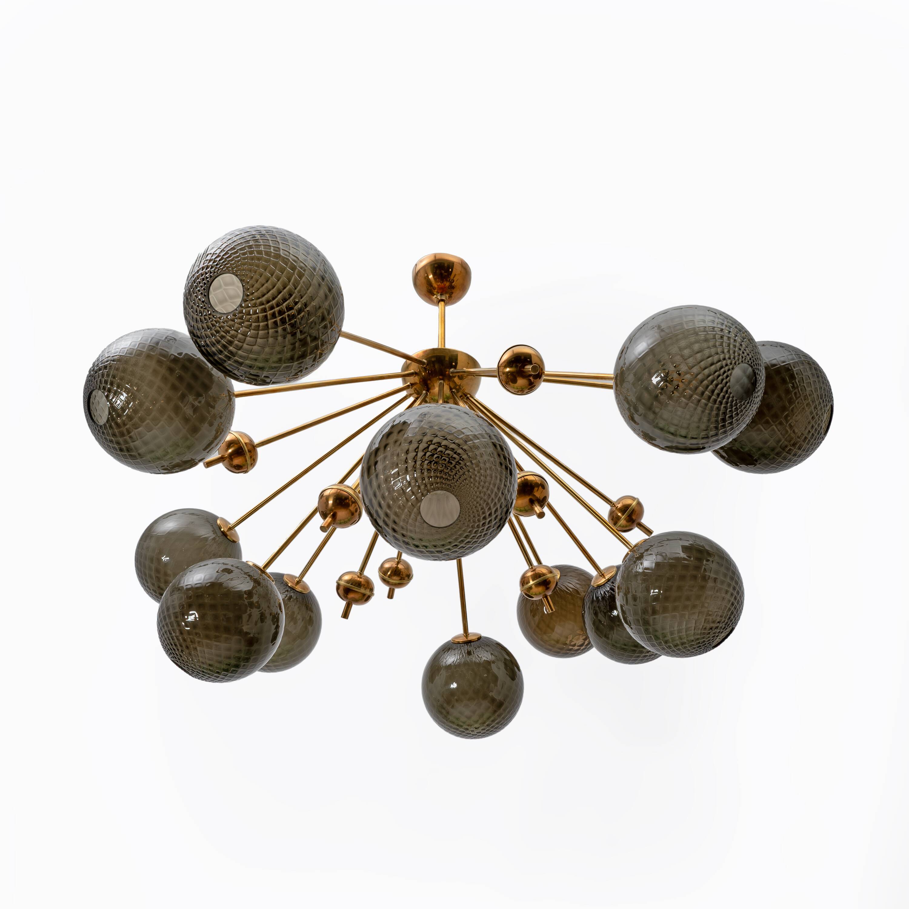 “Galaxy” Chandelier in Brass and Fumé Murano Glass