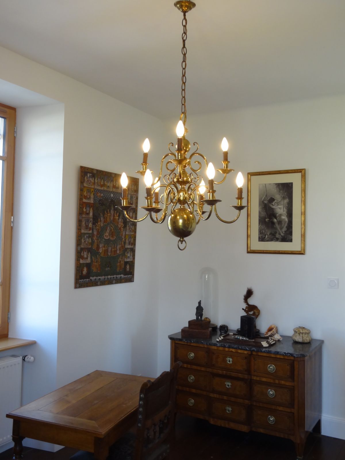 "Dutch" gold metal chandelier with 9 light arms - 1960