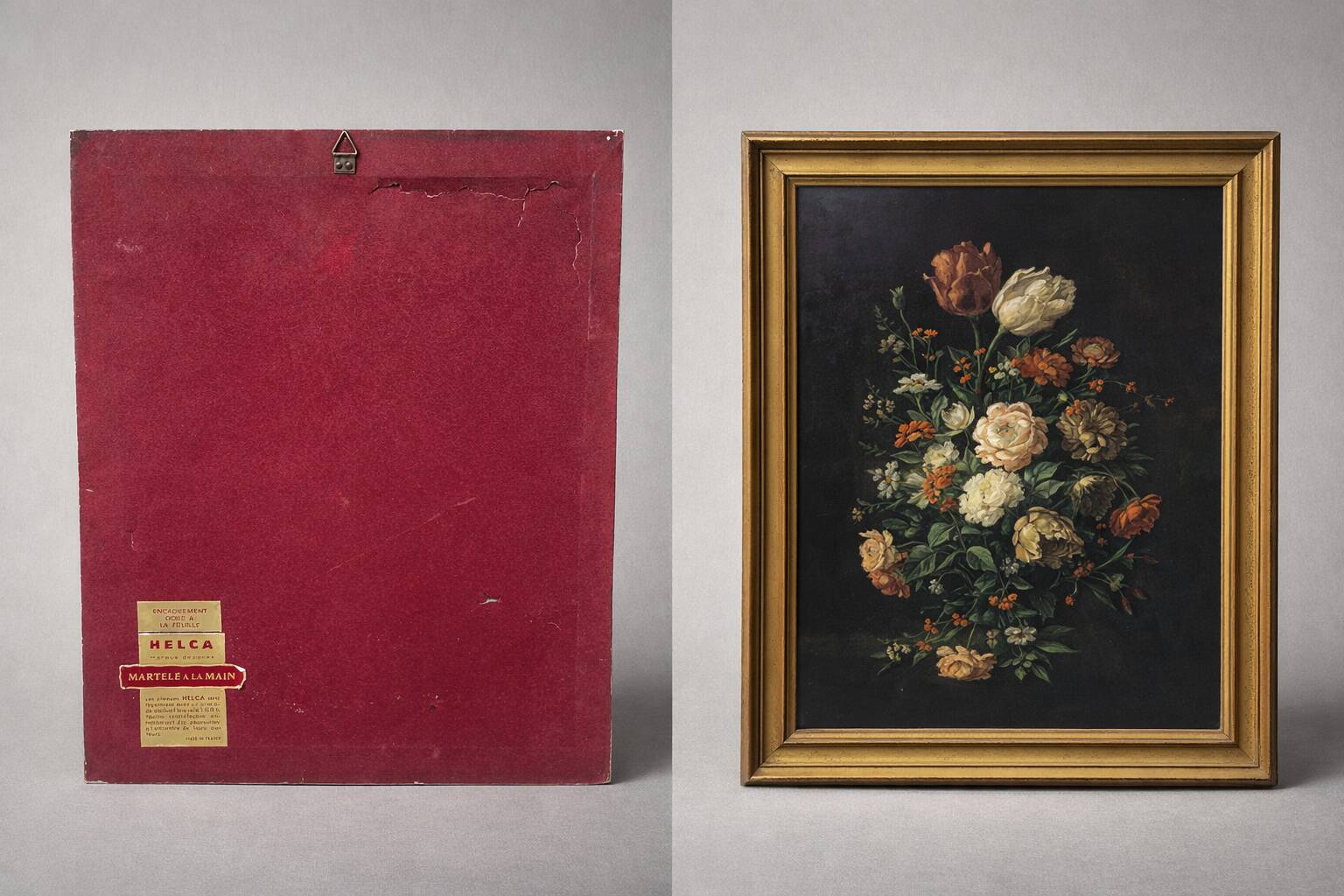 Vintage still life tableau on metal plate – golden frame helca, manufactured