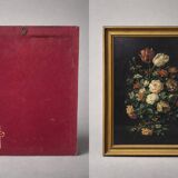 Vintage still life tableau on metal plate – golden frame helca, manufactured