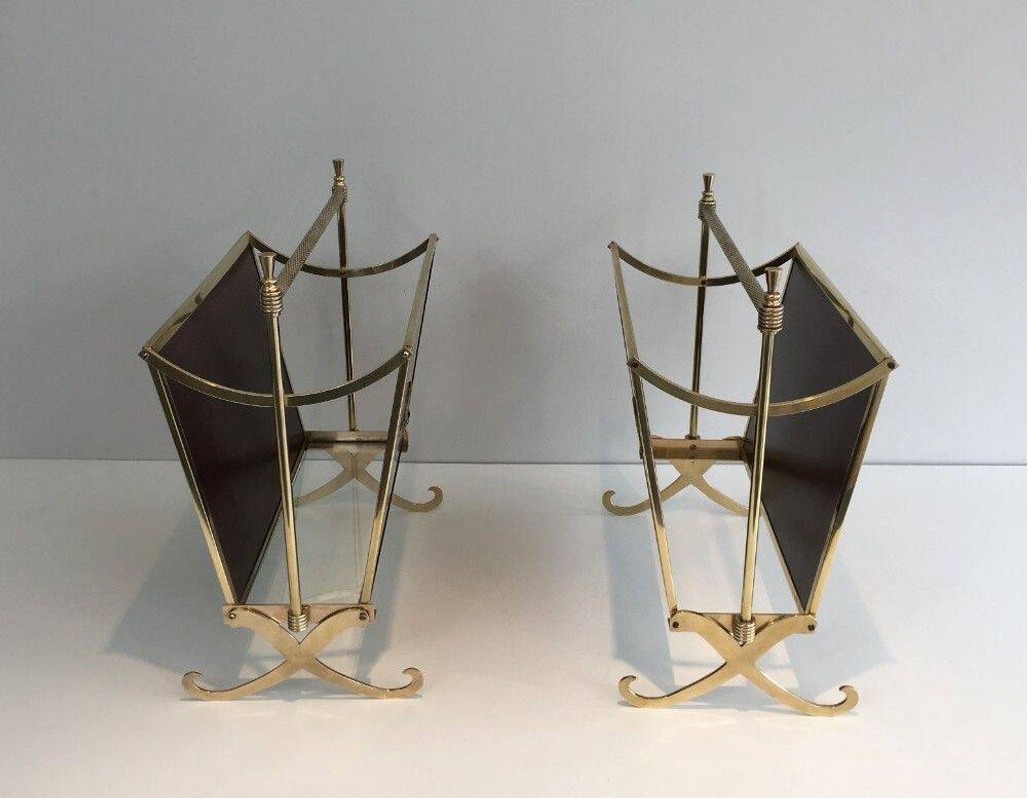 Pair of mahogany and brass magazine racks. Maison Jansen