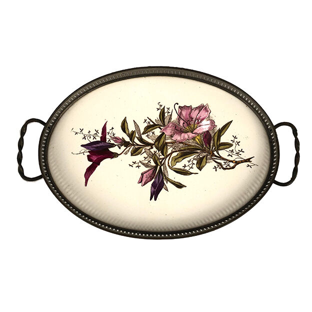 Porcelain tray decorated with flowers, openwork metal gallery
