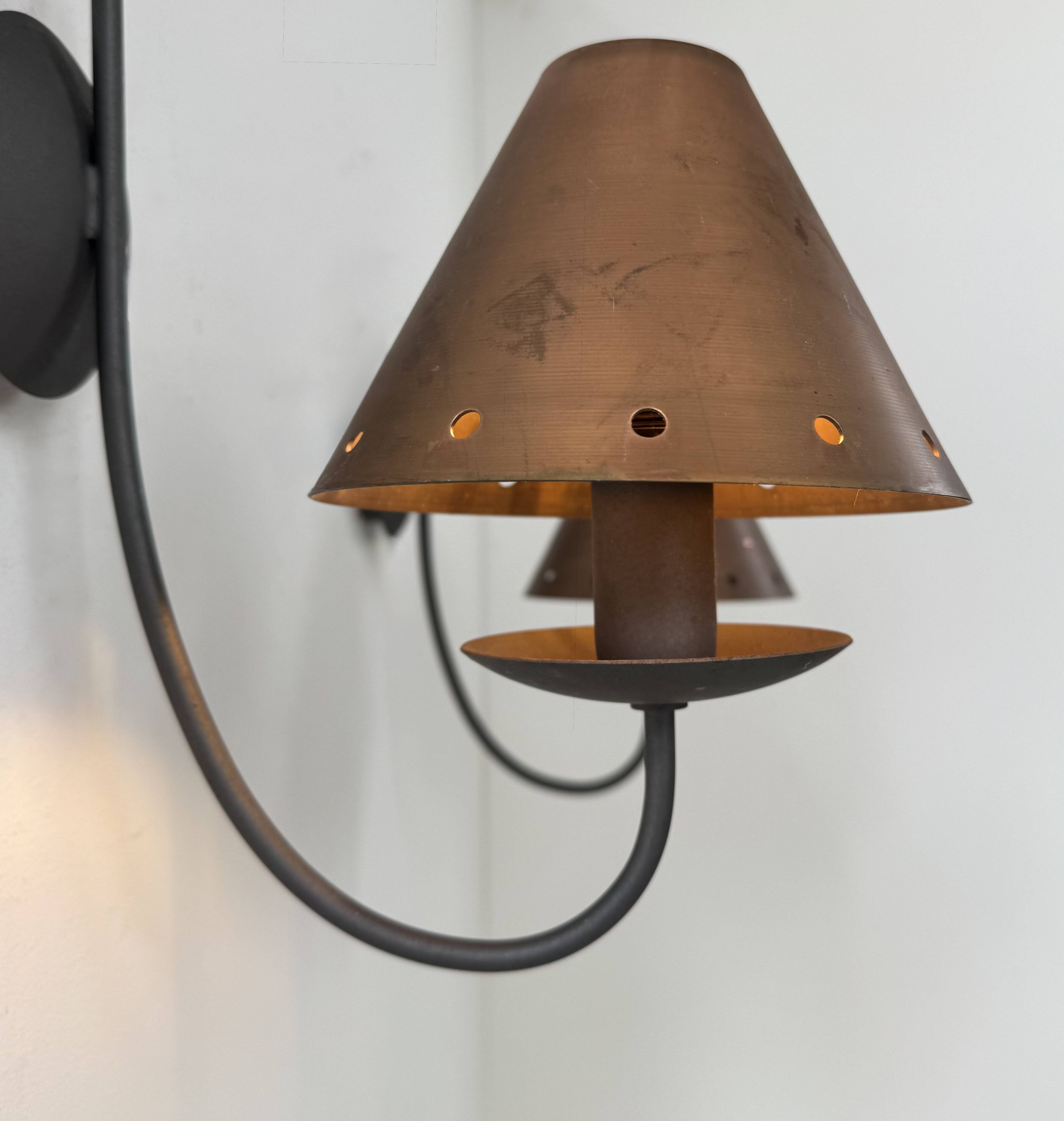 Pair of vintage wall lights, copper and black lacquered metal, France, 1970.