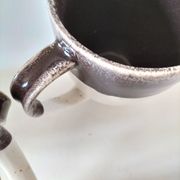 Set of three two-tone mugs, glazed stoneware, café workshop style.