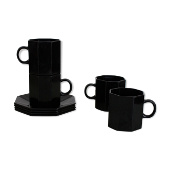 4 cups and black saucers Octime Arcoroc 80's
