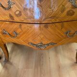 Louis xv style curved chest of drawers in marquetry with marble and embroidered floral decor
