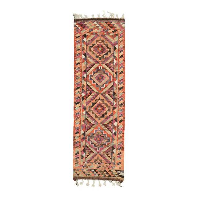 1970s Vintage Turkish Hand-Knotted Wool Cotton Orange Runner Rug 100x322