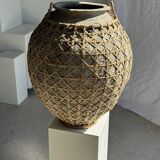 Immense light grey antique-style pot with a crosshatch lid and handles.