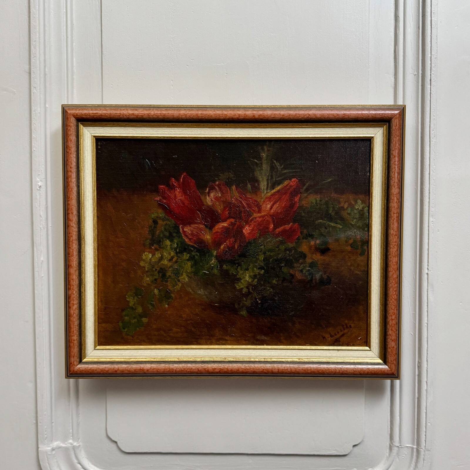 Oil on panel still life with tulips, early 20th century.