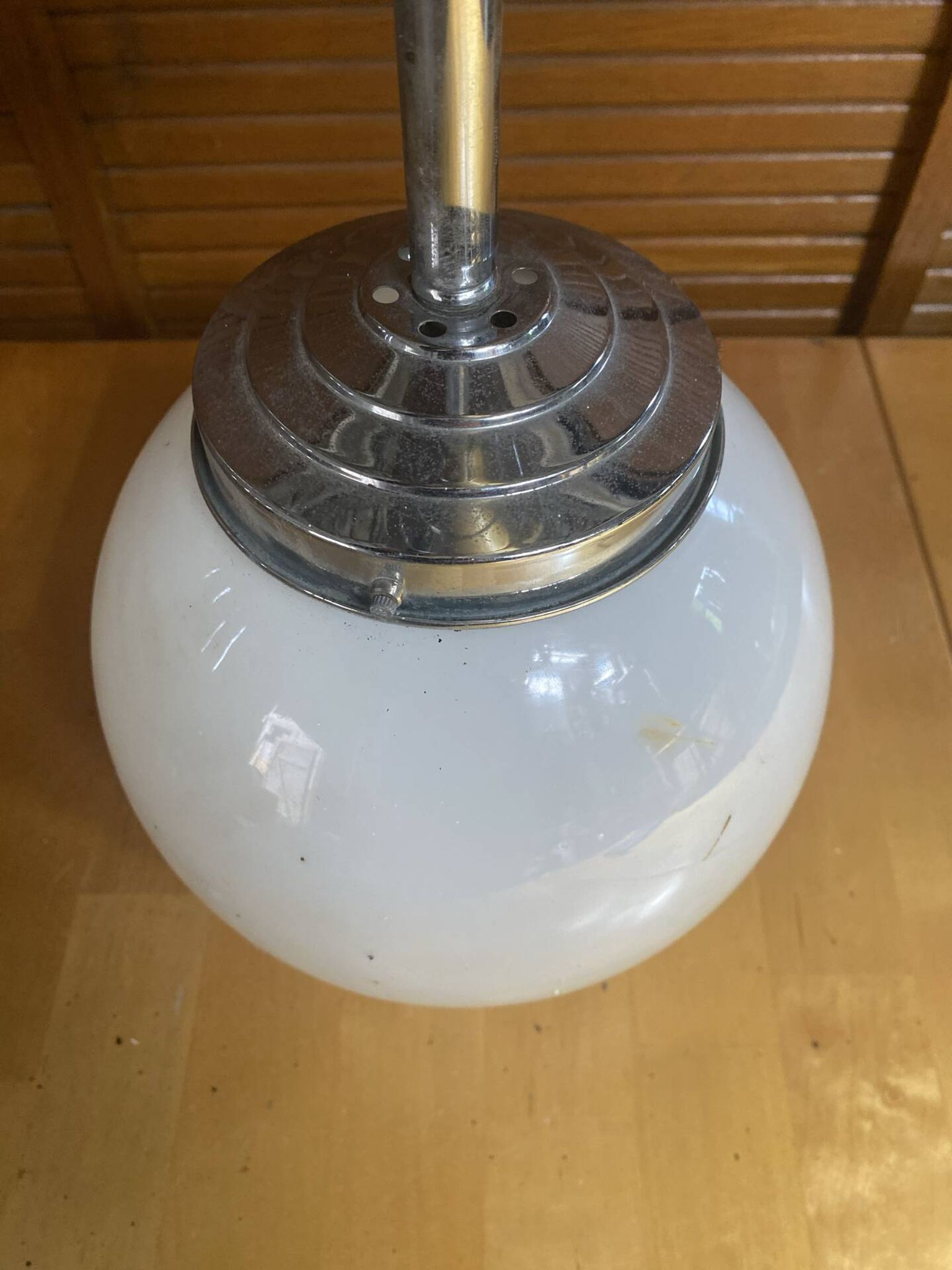 Vintage Ceiling Light Opaline White Ball Pendant + Aluminium Support 50s