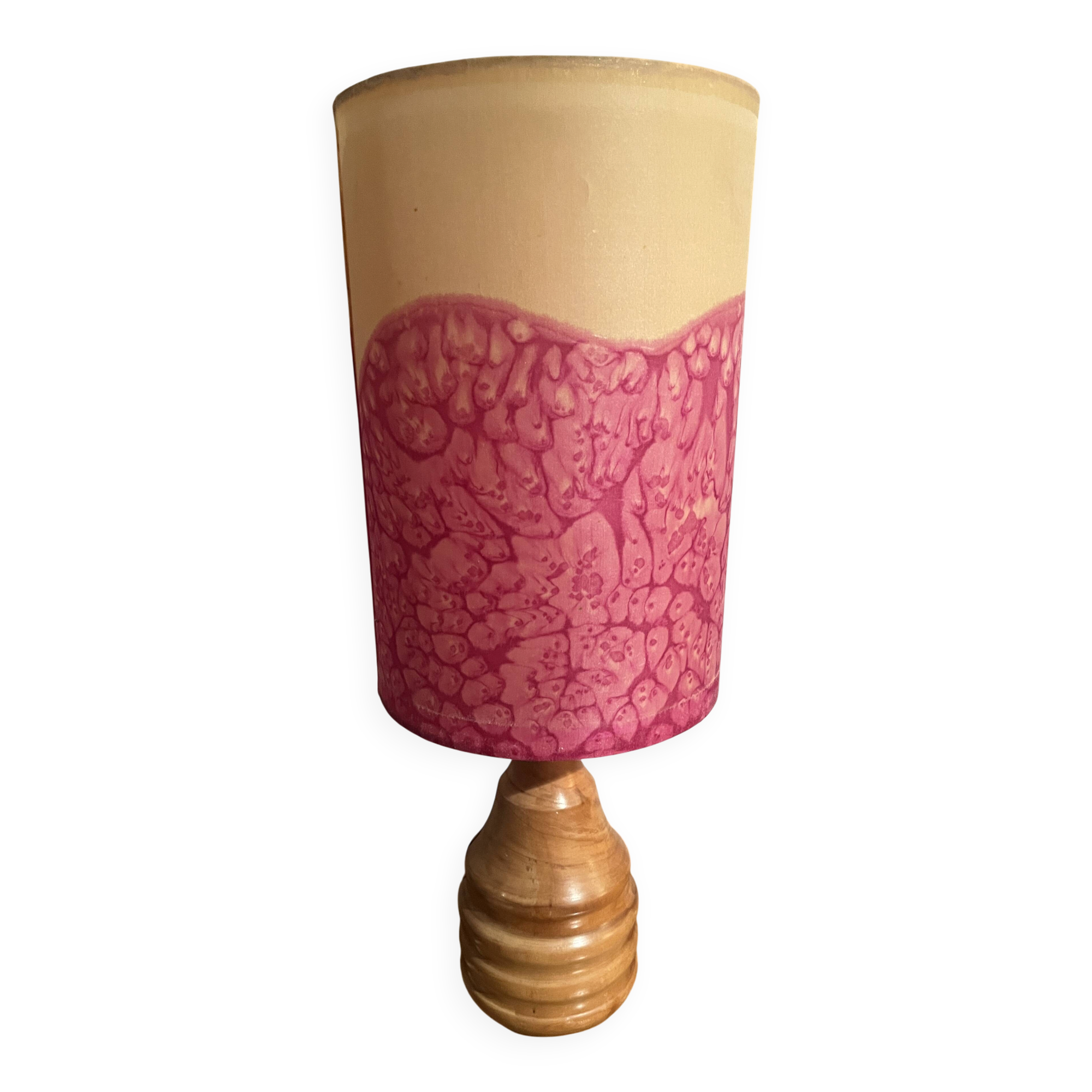 Vintage lamp with a carved wooden base from the 1970s.