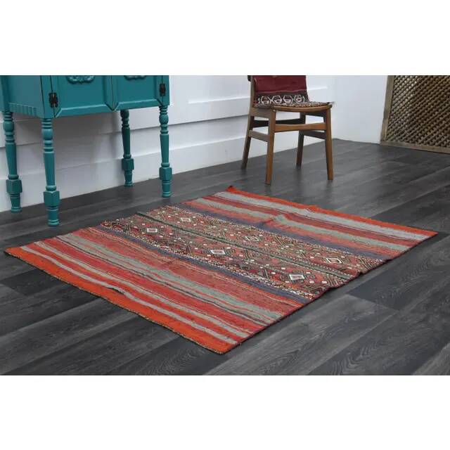 1970s Turkish hand-knotted wool cotton red kilim area rug 123x145