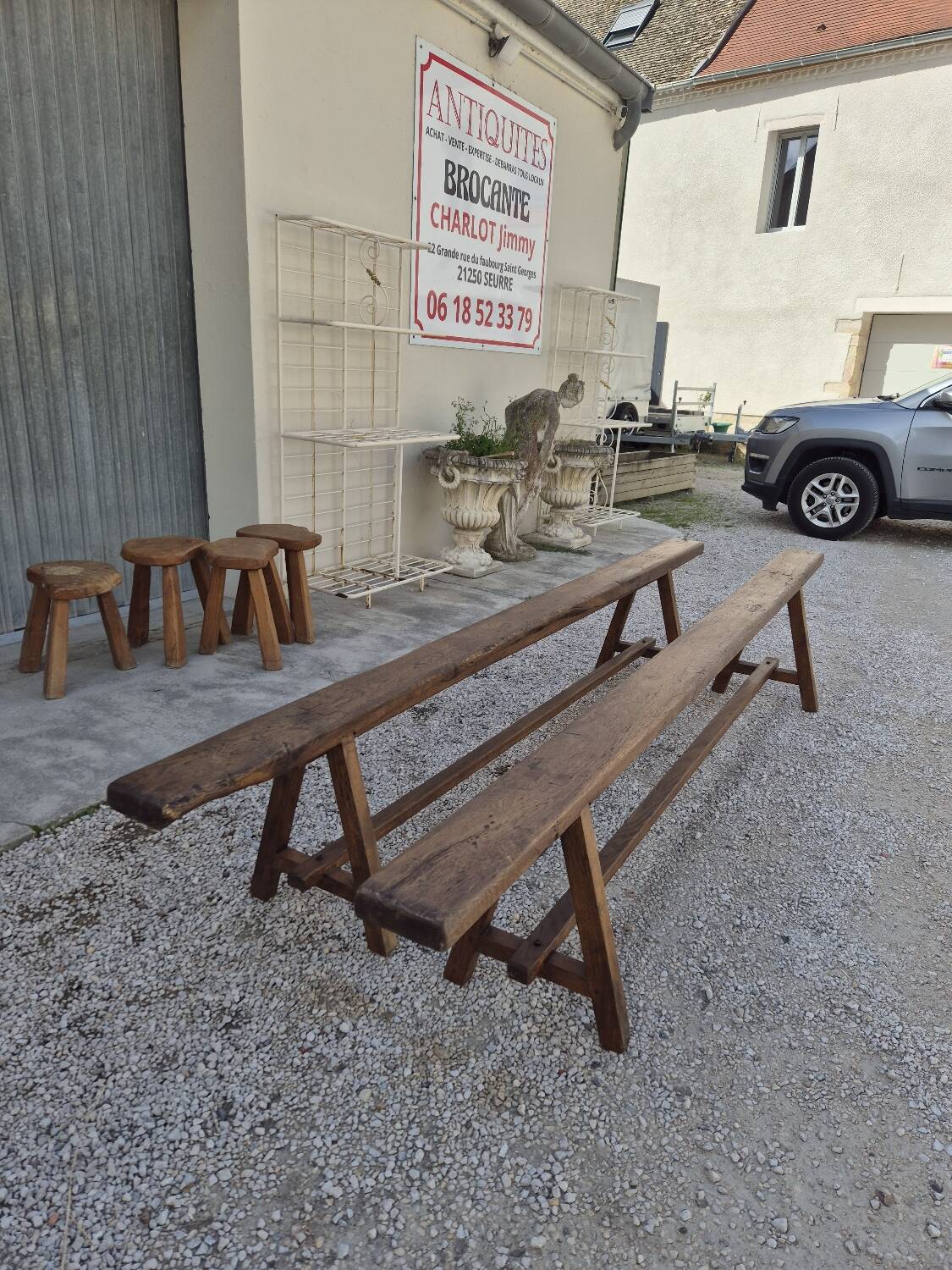 Pair of rustic solid oak farm benches 19th century - 2m90