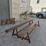 Pair of rustic solid oak farm benches 19th century - 2m90