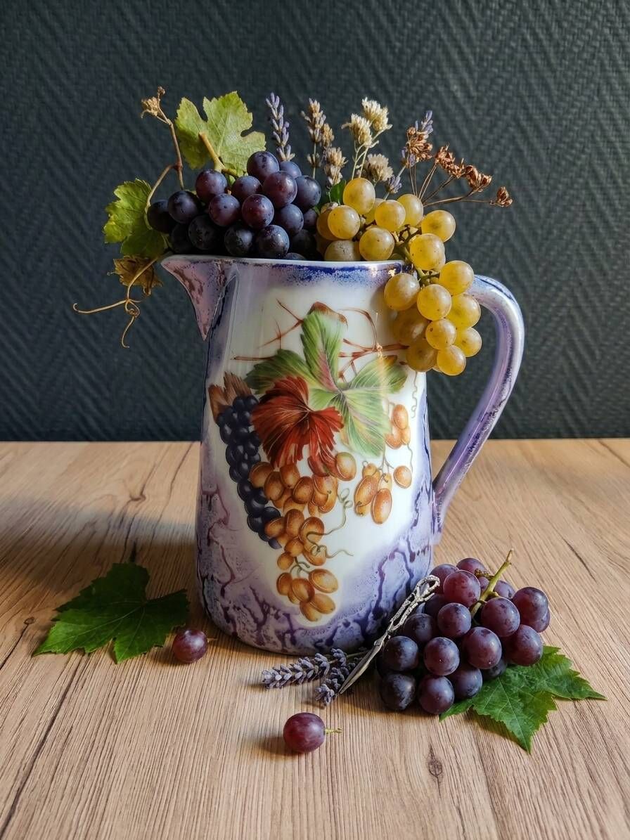 Vintage porcelain pitcher Lusseray France, decorated with grape clusters.