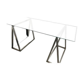 Glass desk and stainless steel trestles
