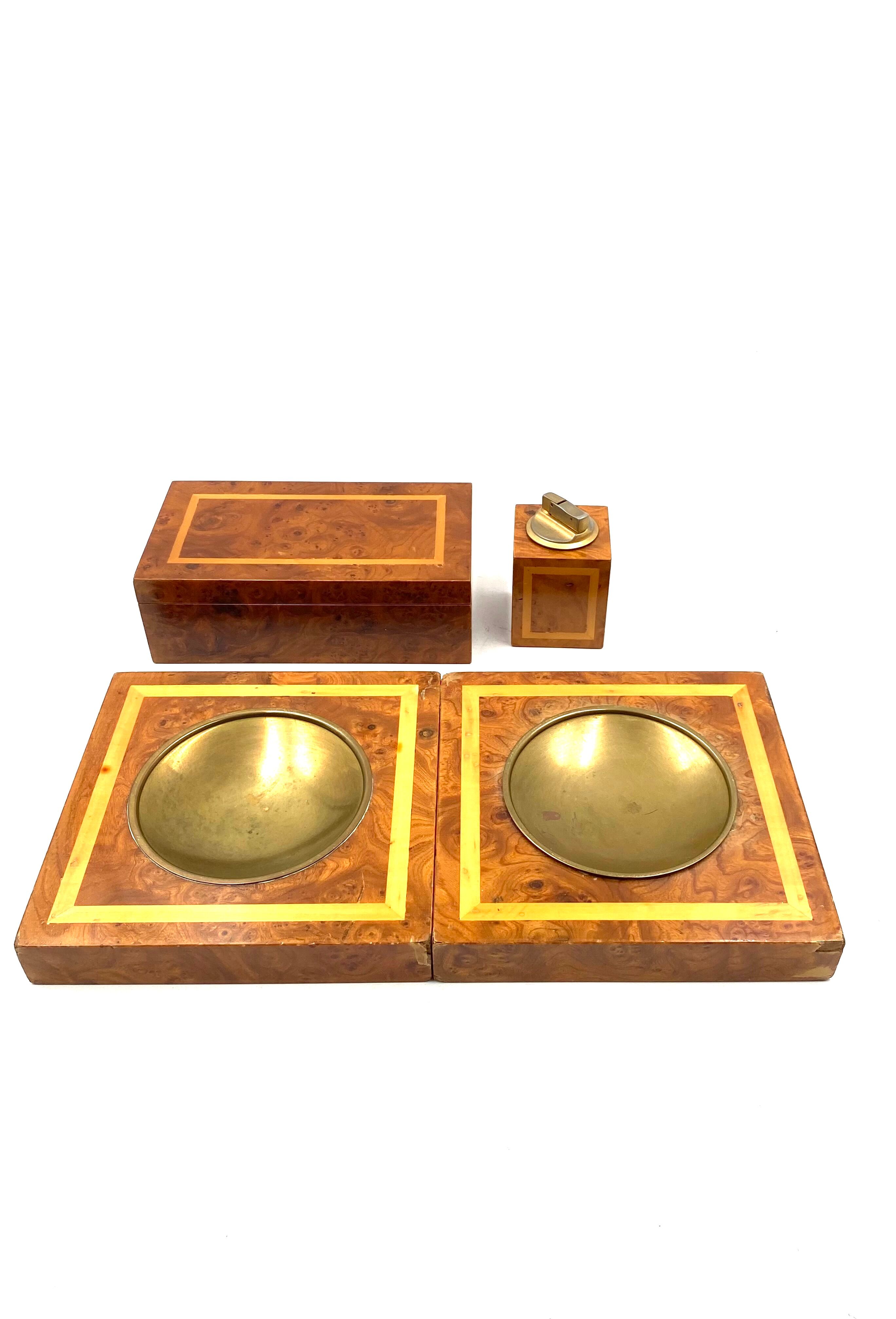 Smoking Set, brass and wood ashtrays, lighter and cigars box, Italy 1970