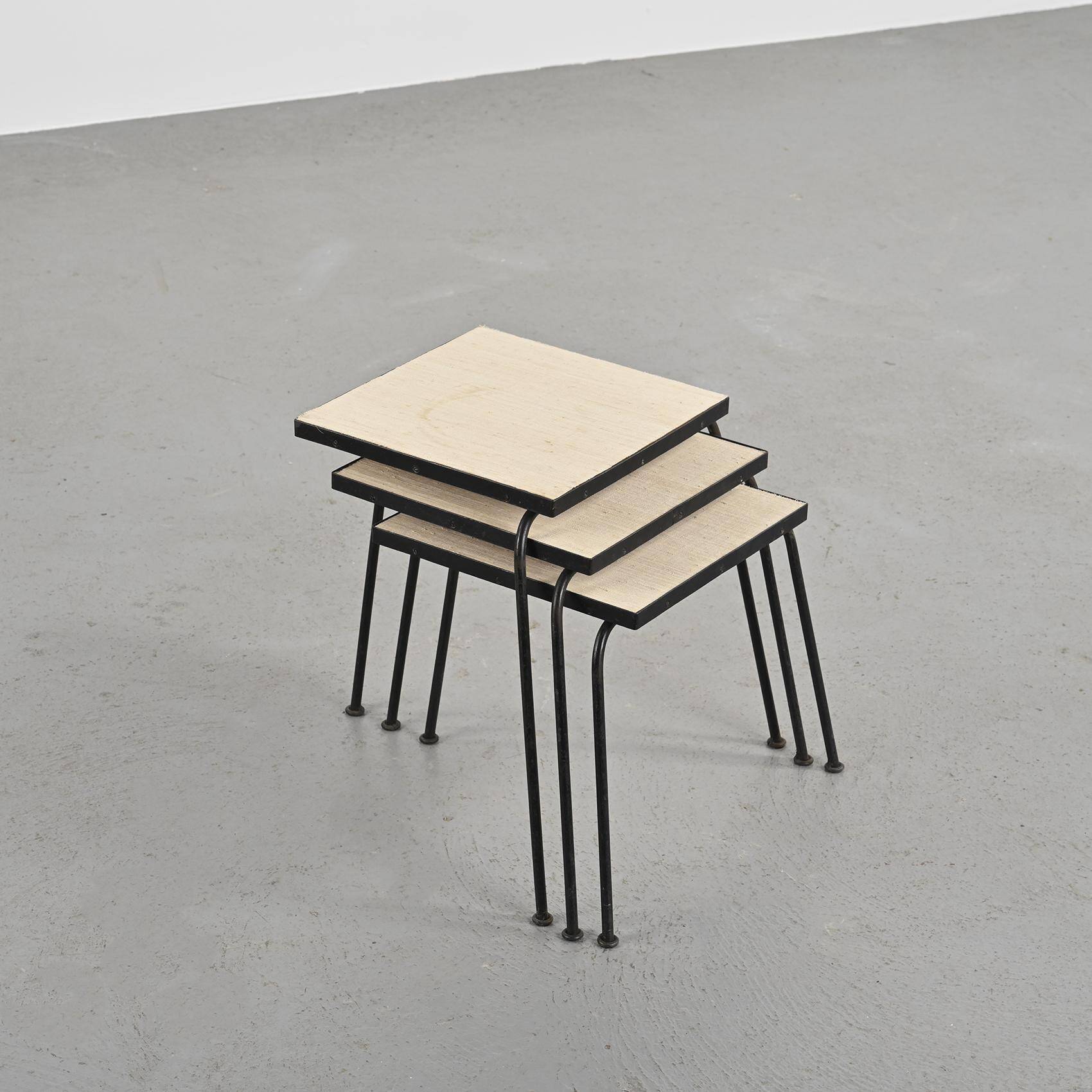 Set of 3 nesting tables in black lacquered metal, circa 1960