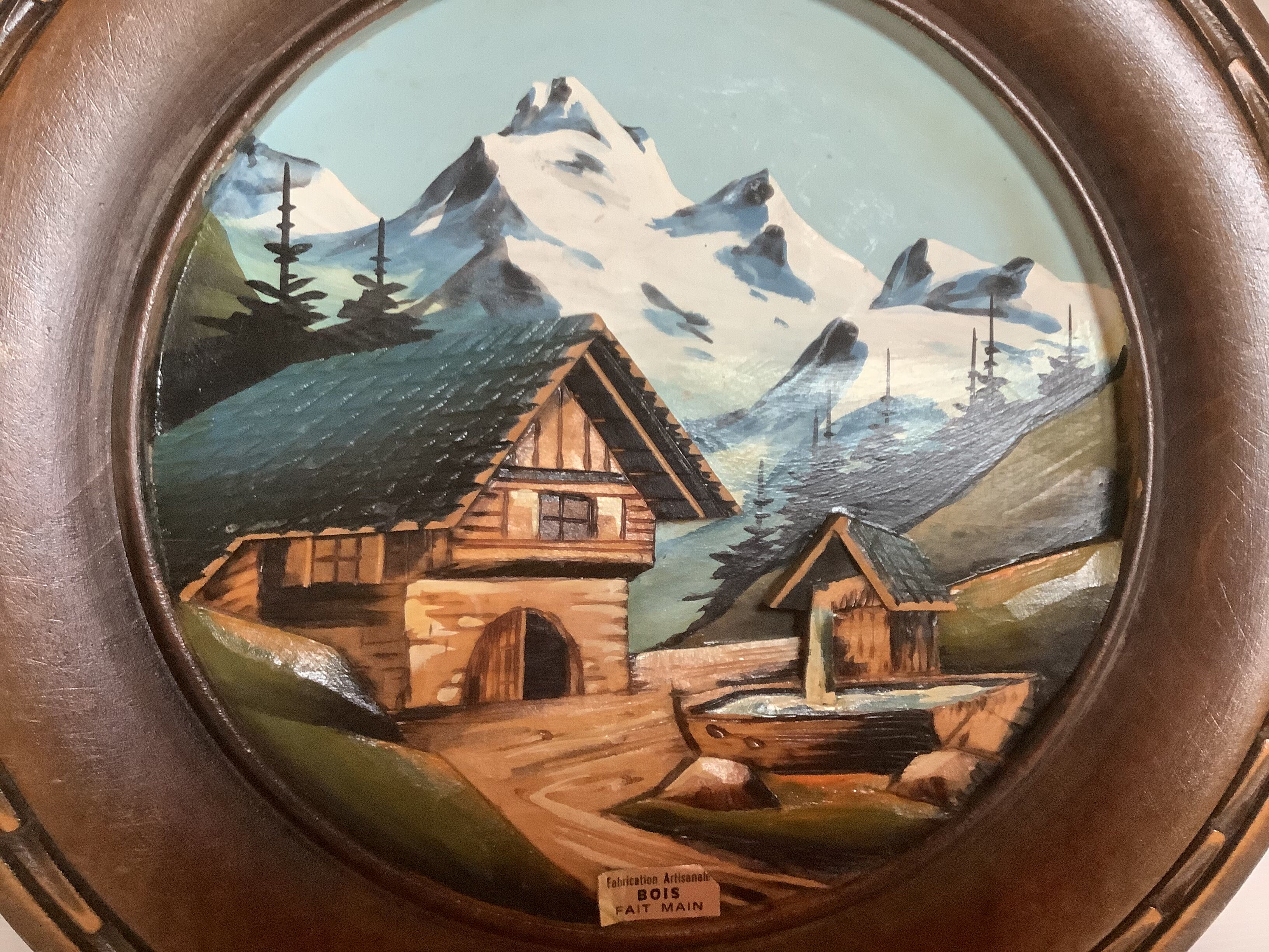 Ancient mountain landscape frame painted and carved by hand
